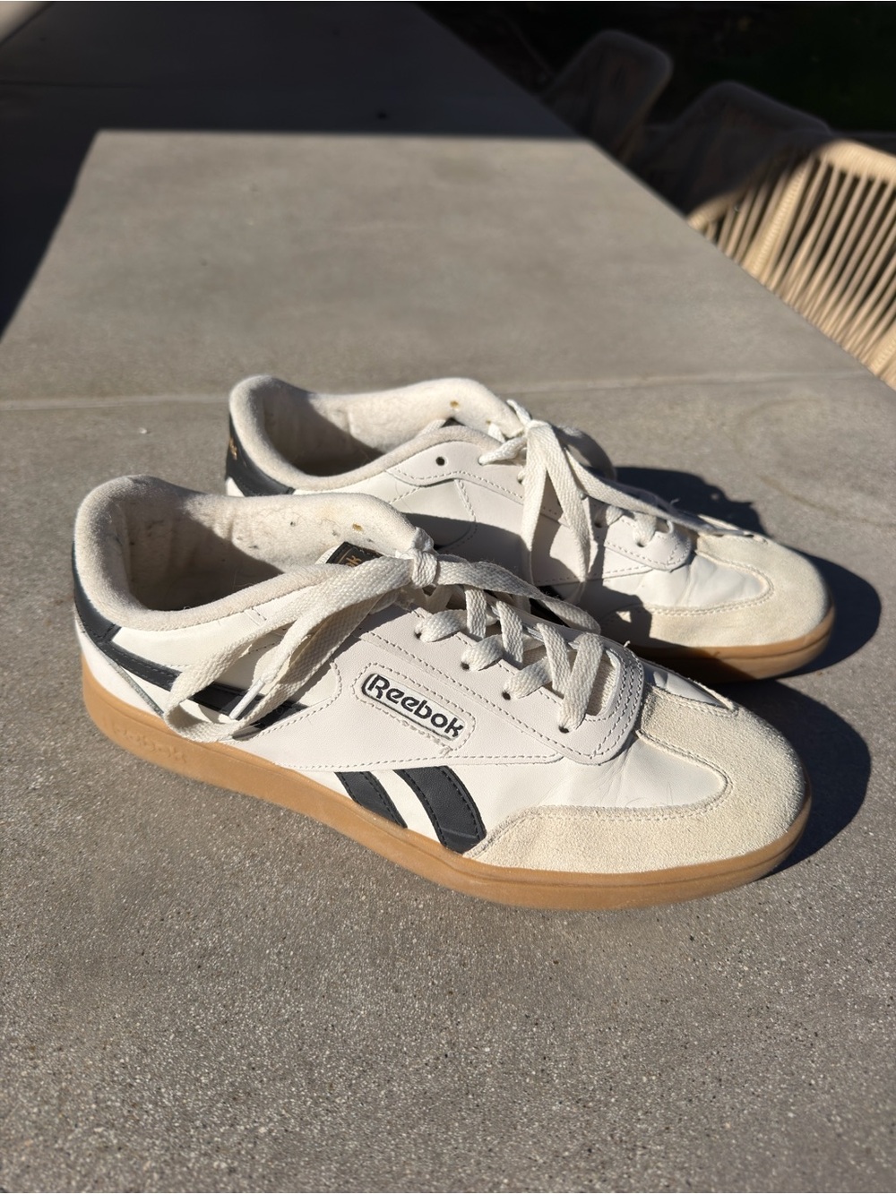 Reebok Women’s White Leather Sneakers with Black Accents and Gum Sole
